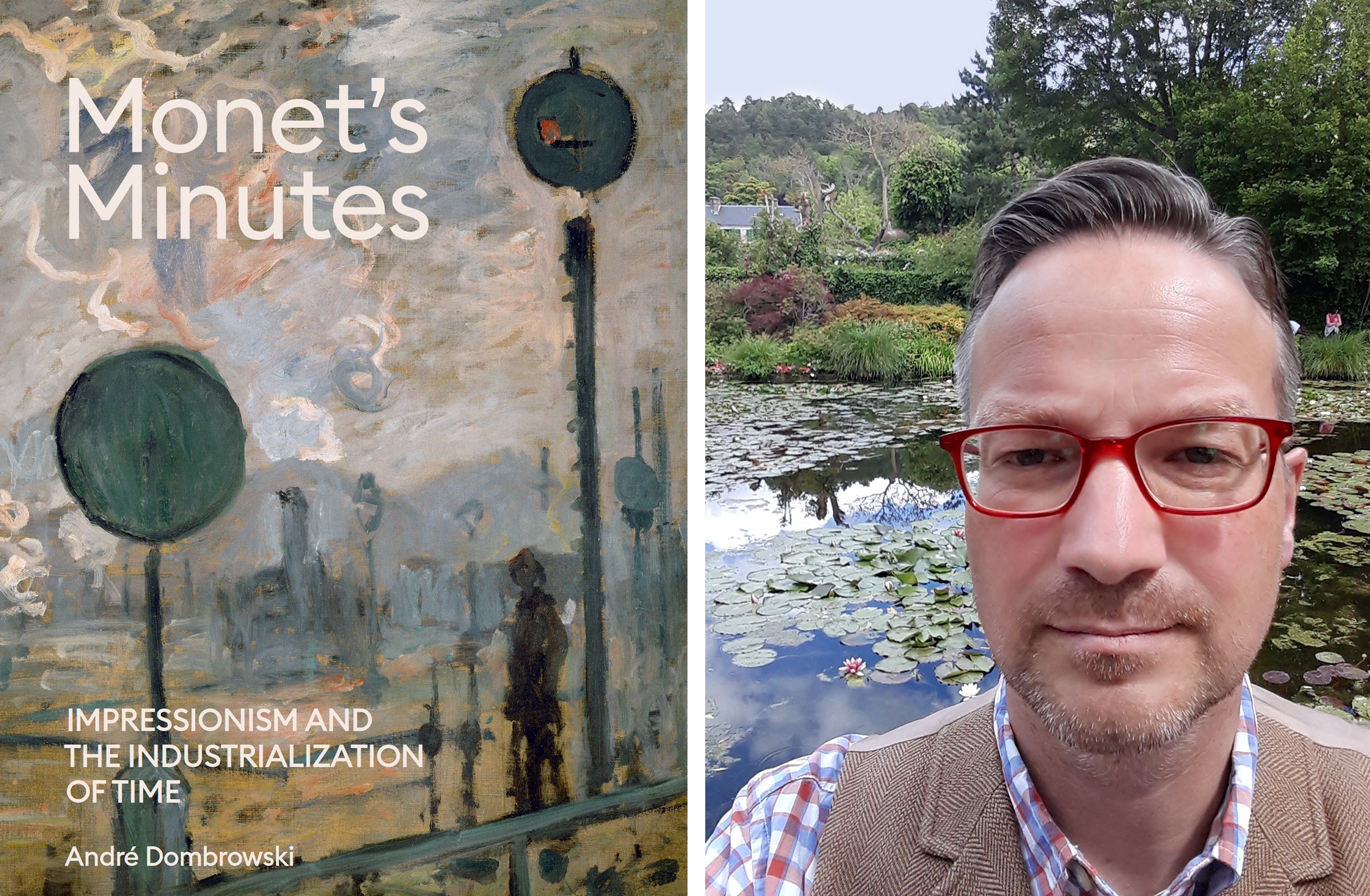 Side by side of the book cover and an image of Andre Dombrowski in front of a pond of lilypads.