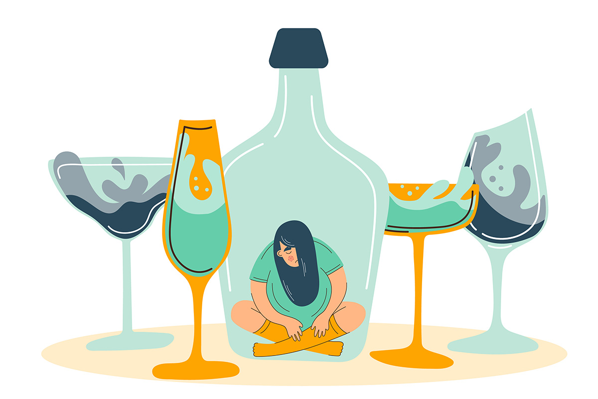 An illustration of a person sitting on the bottom of a bottle, literally stuck inside, with glasses filled with drinks all around.