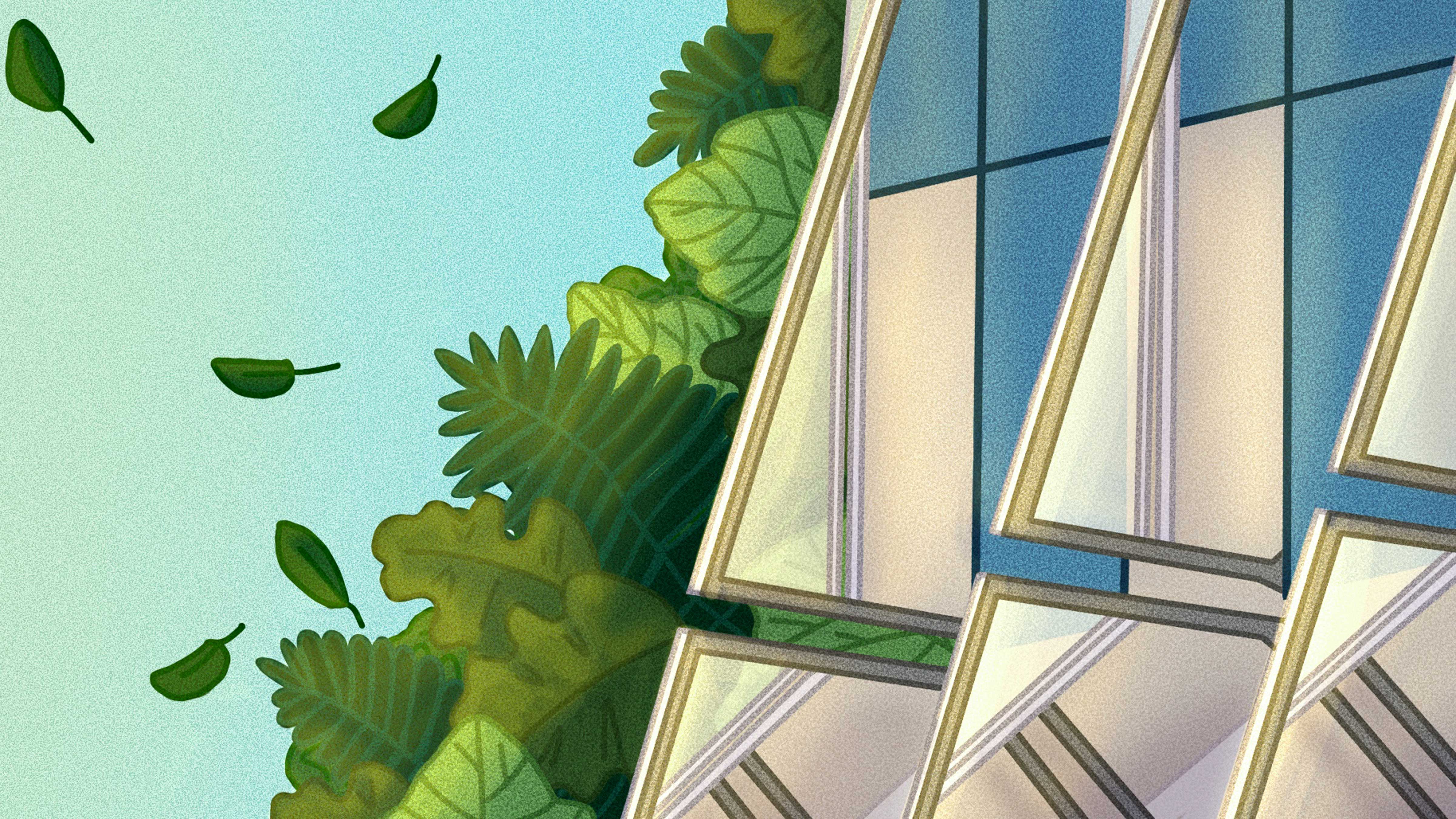 An illustration of triangular solar windows, with a bush and floating feathers next to it.