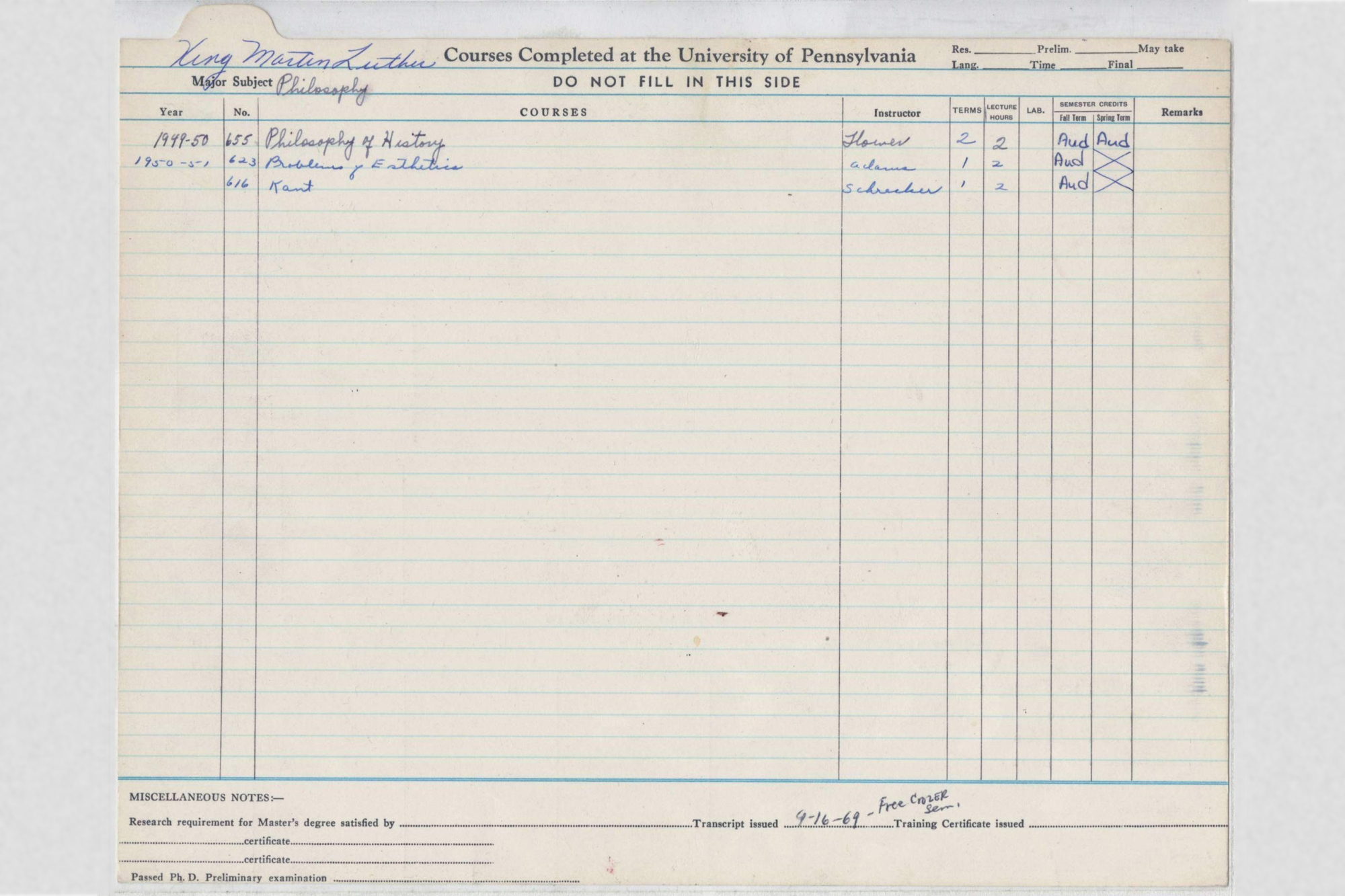 Old weathered paper with information hand-written on there, displaying a transcript with information about three classes Martin Luther King Jr., audited at Penn, Philosophy of History, Philosophy of Esthetics, and Kant.