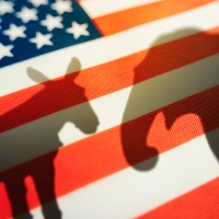 An American flag in the background, with silhouettes of a donkey and an elephant.