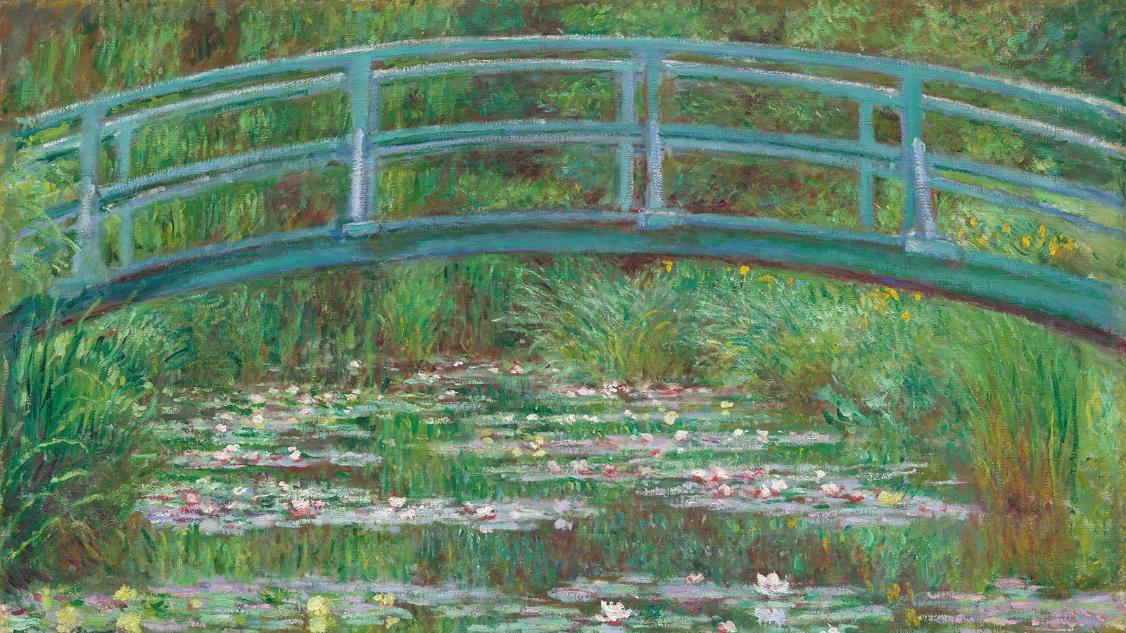 A watercolor painting of a bridge over a pond of lilypads by Claude Monet.