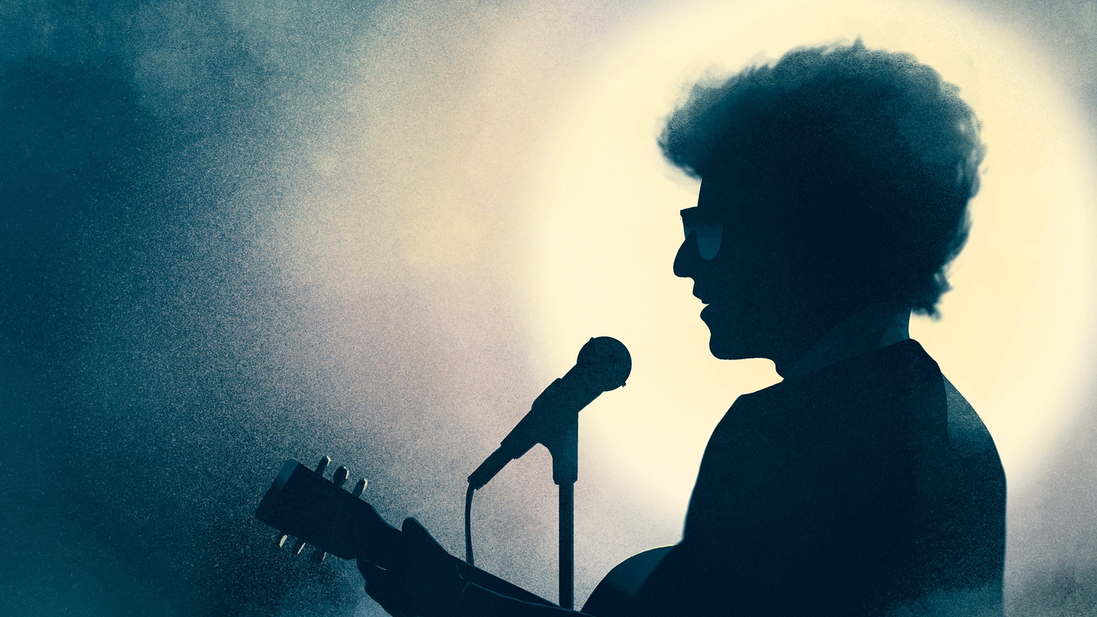 Digital Illustration of silhouetted Bob Dylan singing into a microphone and playing guitar. The background is bright around him, but fades to a darker color the further away it gets.