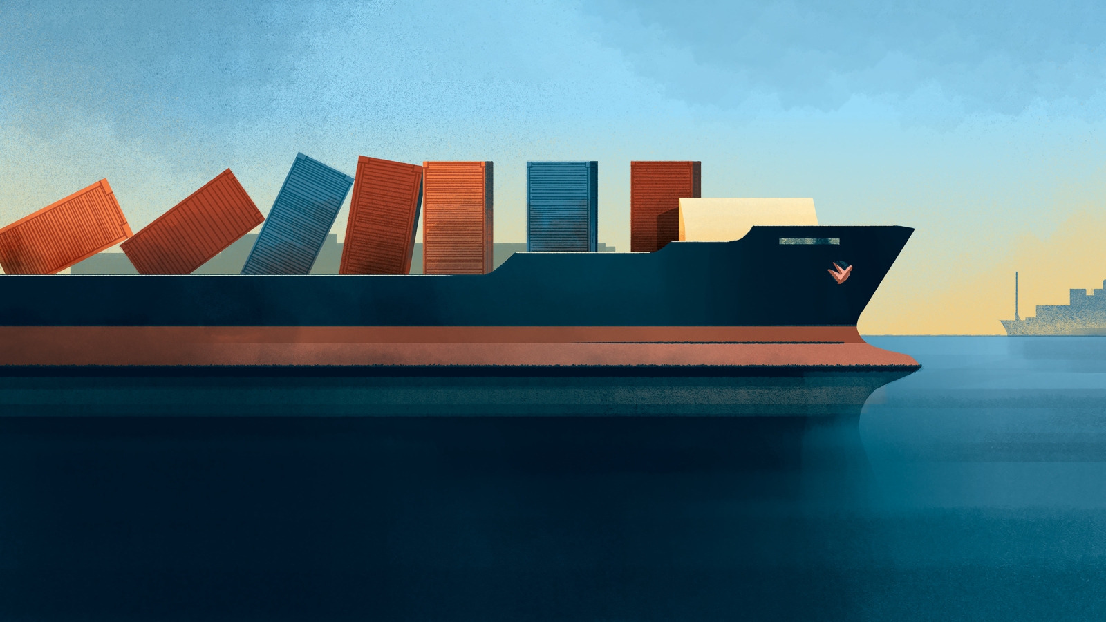 Digital Illustration of a cargo ship. The shipping crates on deck are arranged to look like dominioes in a line toppling over. Another cargo ship is faded out in the distance.