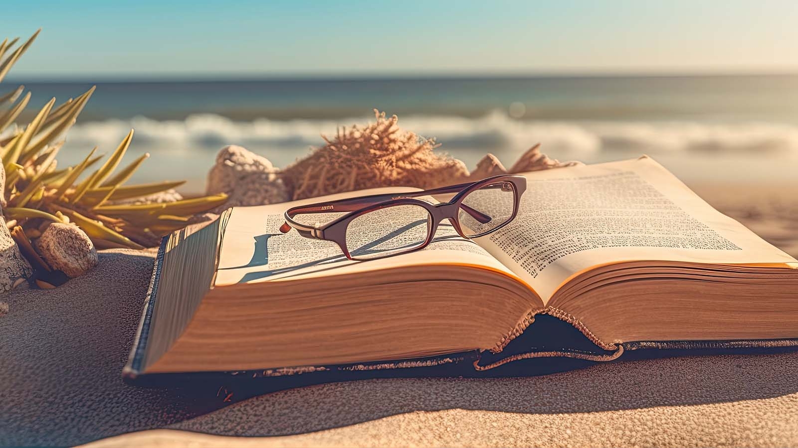 An open book on a beach, glasses perched on top the book. The ocean is blurry in the background. Shells and seaweed are visible to the left of the book.