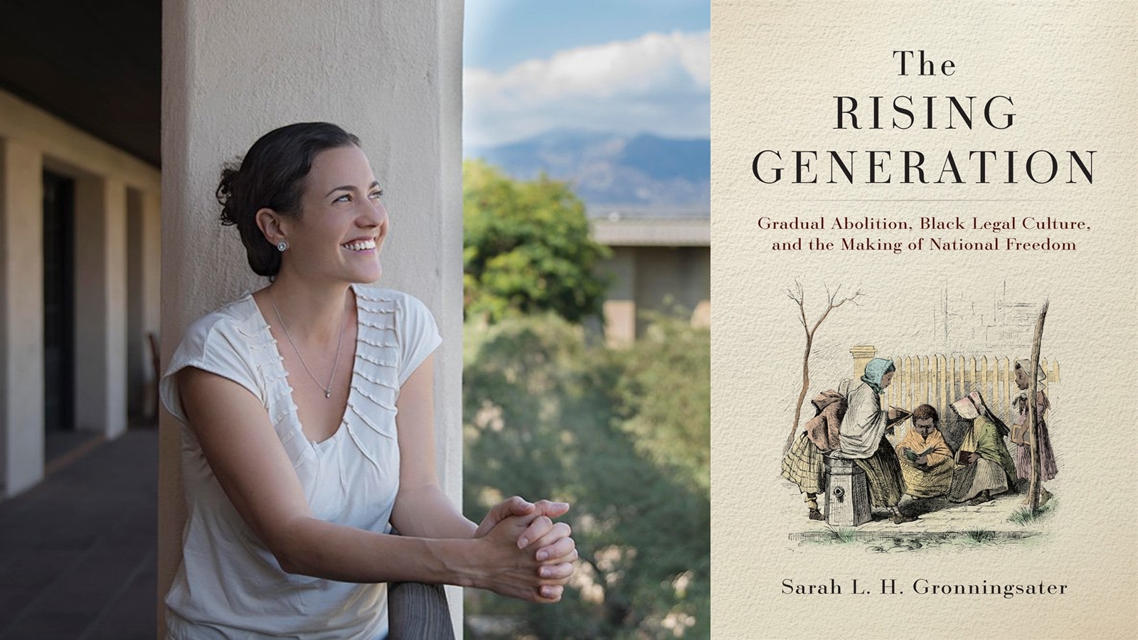 Sarah Gronningsater next to the cover of her new book The Rising Generation